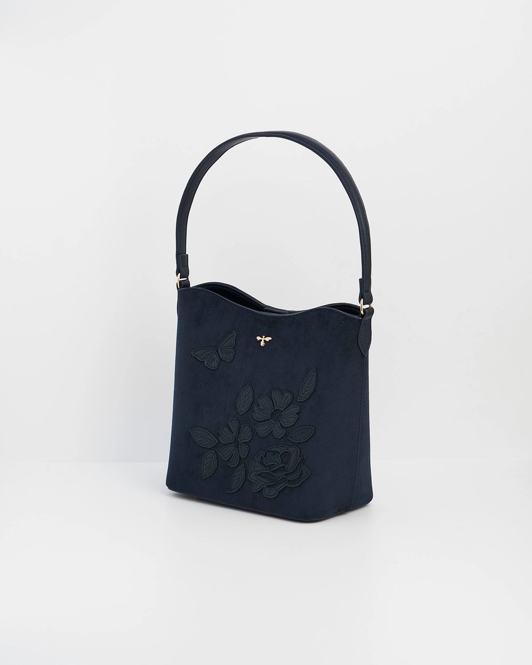 Margot Floral Applique Bucket Purse in Navy Suede