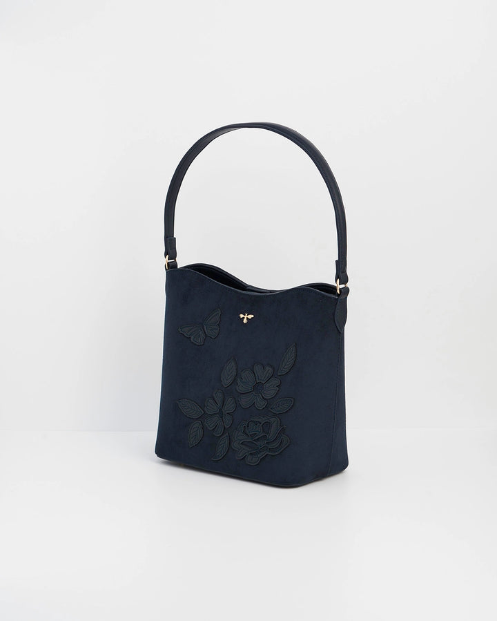 Margot Floral Applique Bucket Purse in Navy Suede