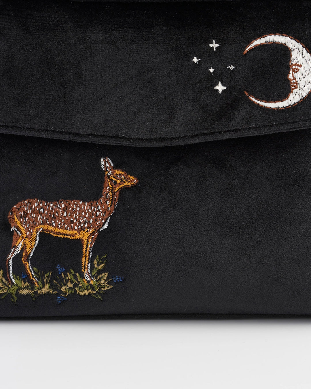 Fable Deer & Moon Embroidered Black Velvet Tote