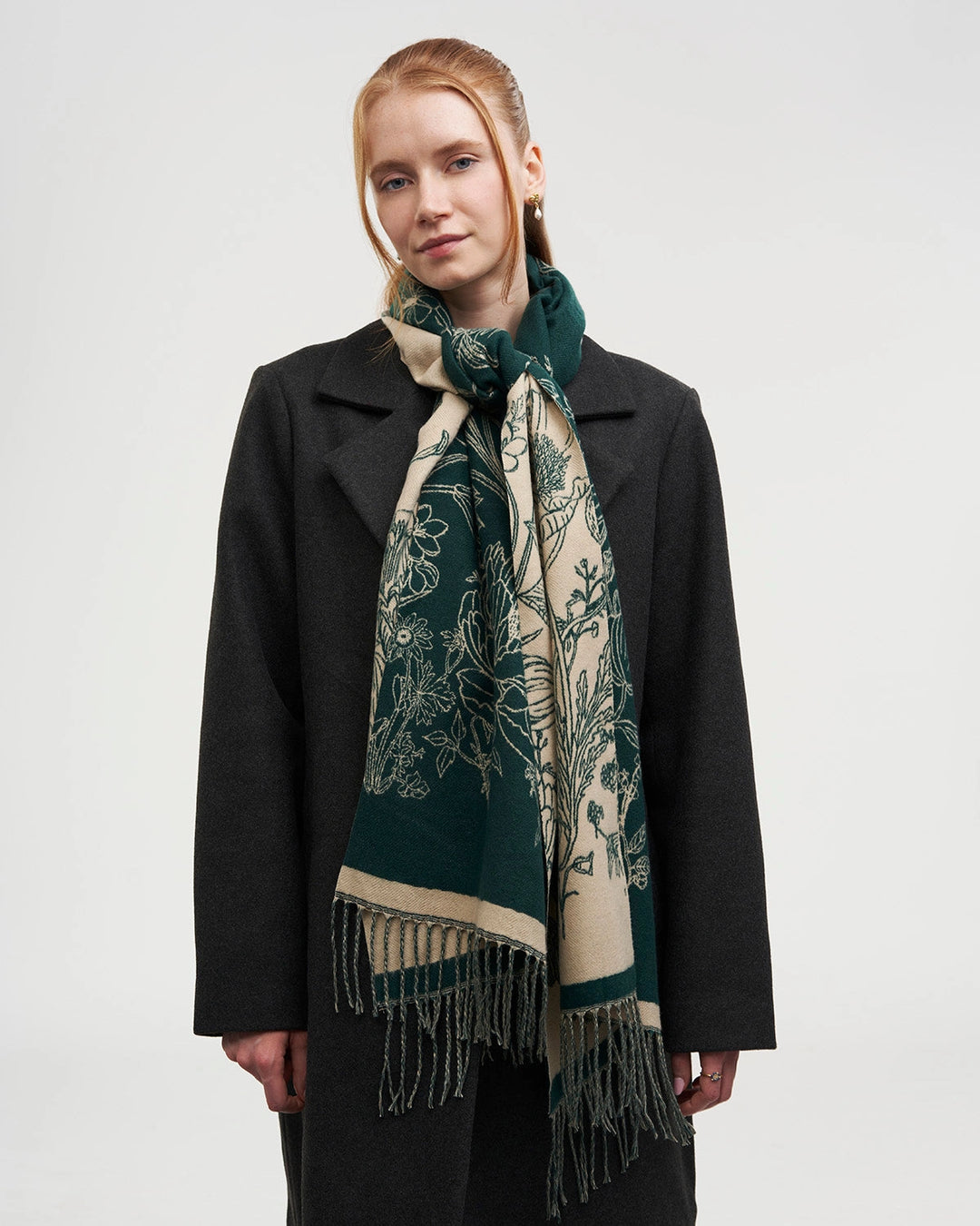 Midnight Garden Long Jacquard Scarf in Green