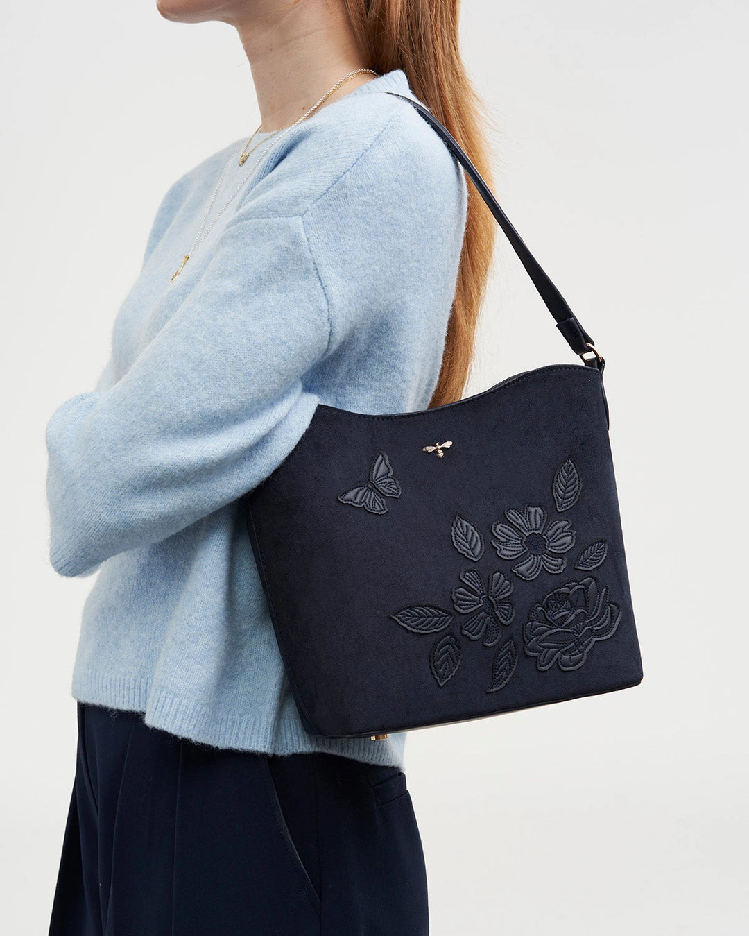 Margot Floral Applique Bucket Purse in Navy Suede