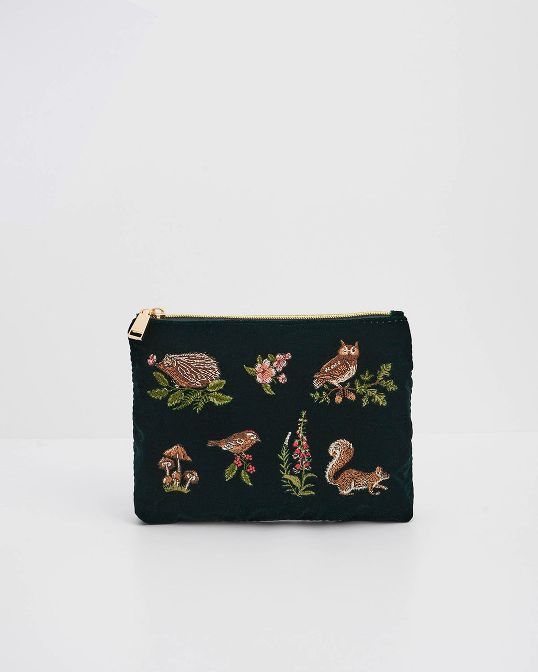 Meadow Scene Embroidered Medium Pouch in Forest Green Velvet
