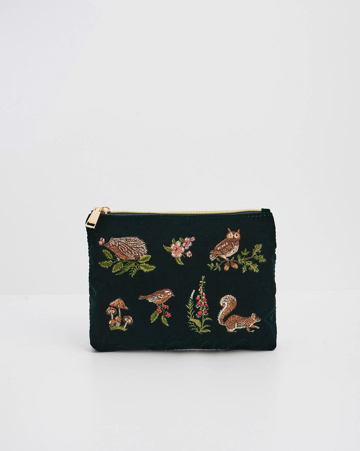 Meadow Scene Embroidered Medium Pouch in Forest Green Velvet