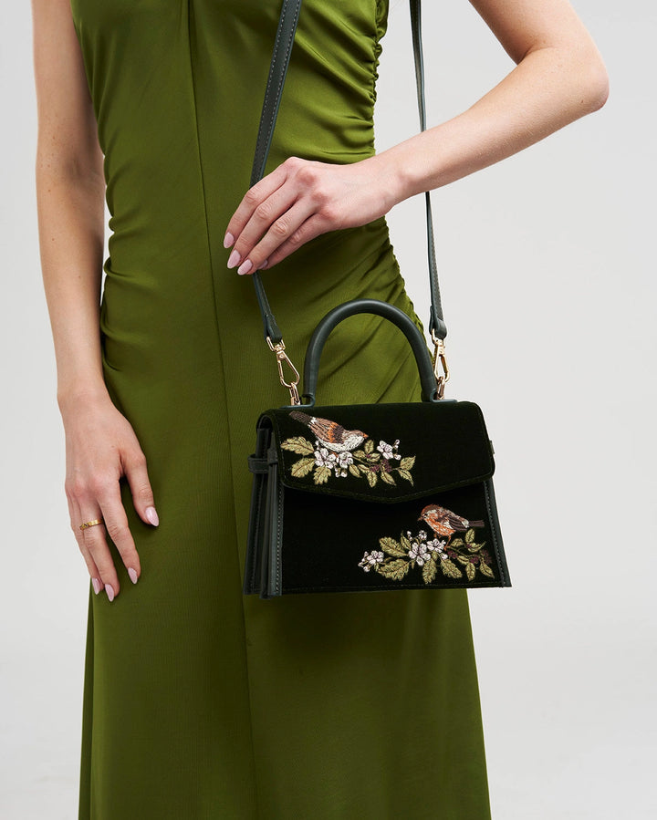 Eliza Wren Embroidered Top Handle Purse in Green Velvet