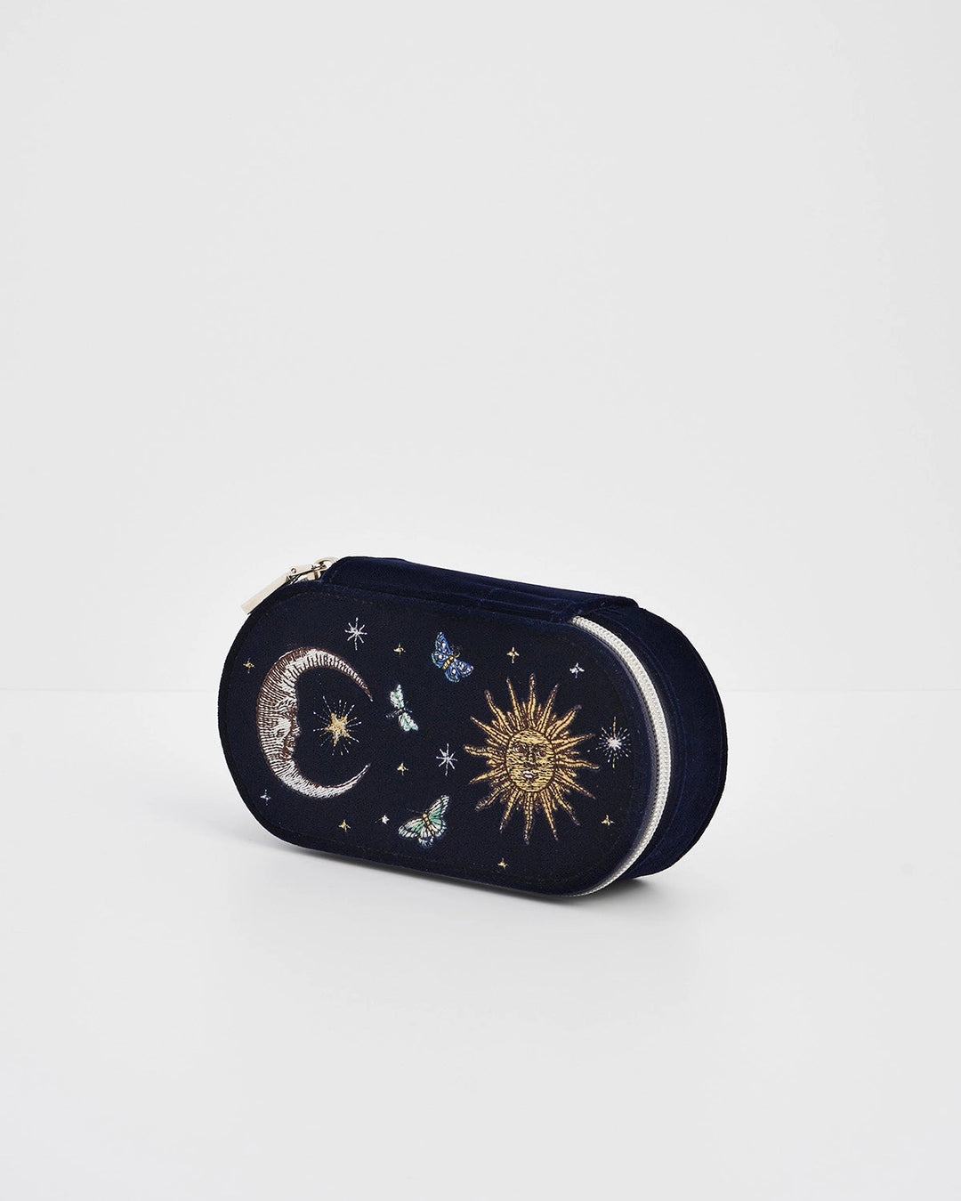 Night Sky Embroidered Oval Jewelry Box in Navy Velvet