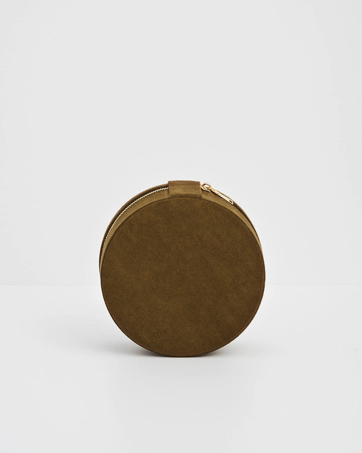 Hedgehog Embroidered Round Jewelry Box in Khaki Suedette