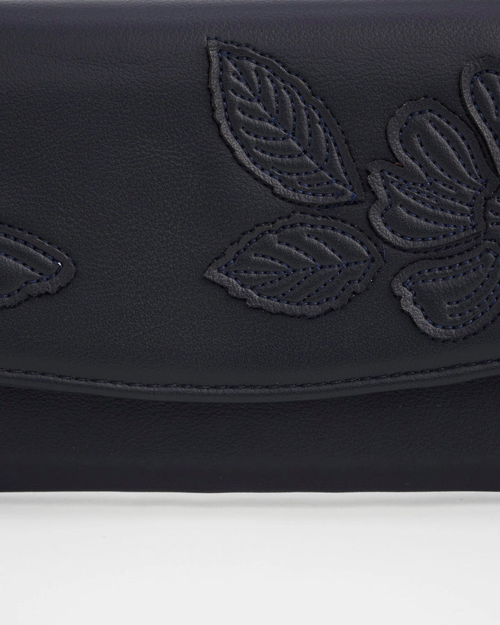 Floral Applique Long Wallet in Navy
