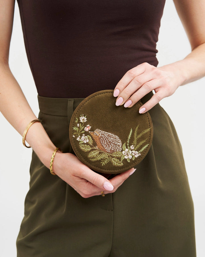 Hedgehog Embroidered Round Jewelry Box in Khaki Suedette