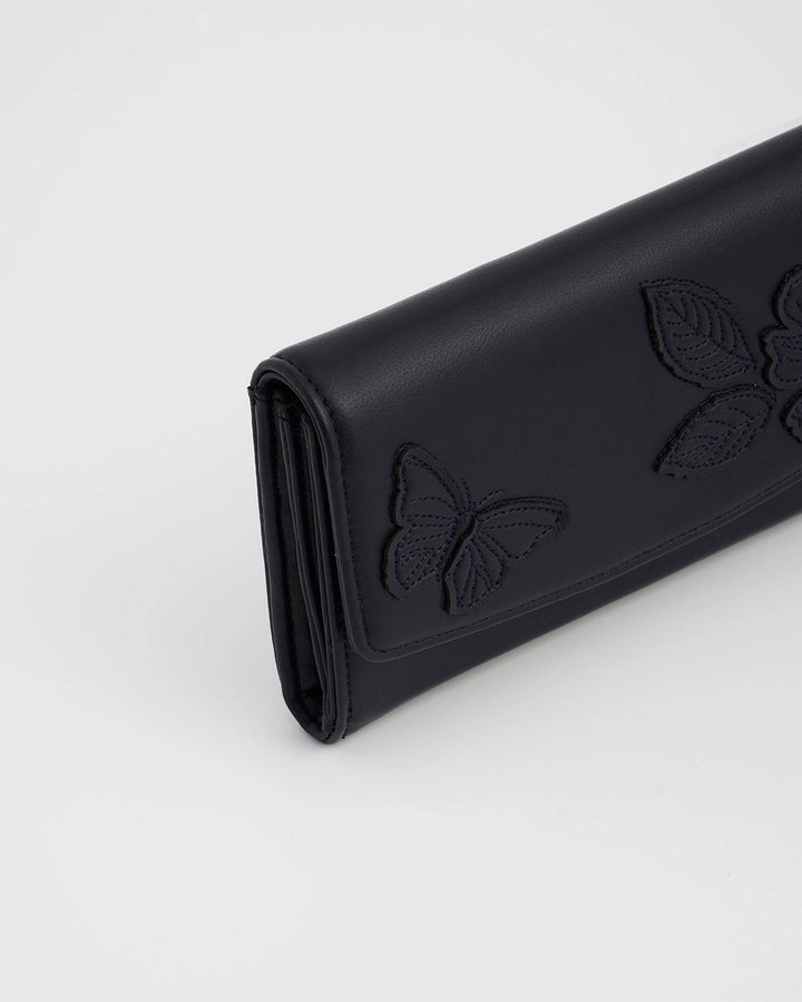 Floral Applique Long Wallet in Navy