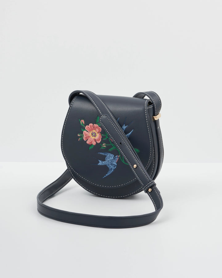 Fable Swooping Swallows Navy Mini Saddle Purse
