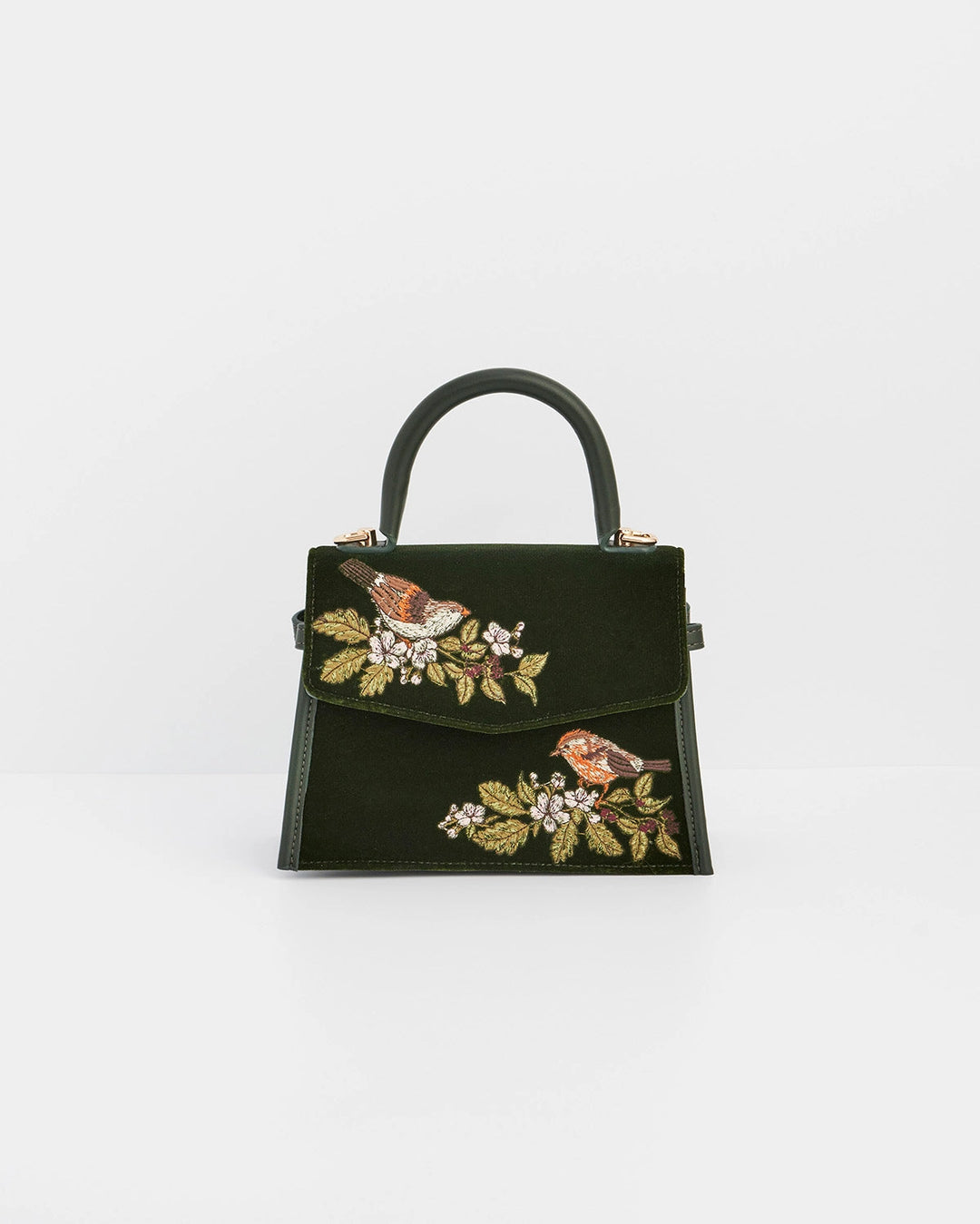 Eliza Wren Embroidered Top Handle Purse in Green Velvet