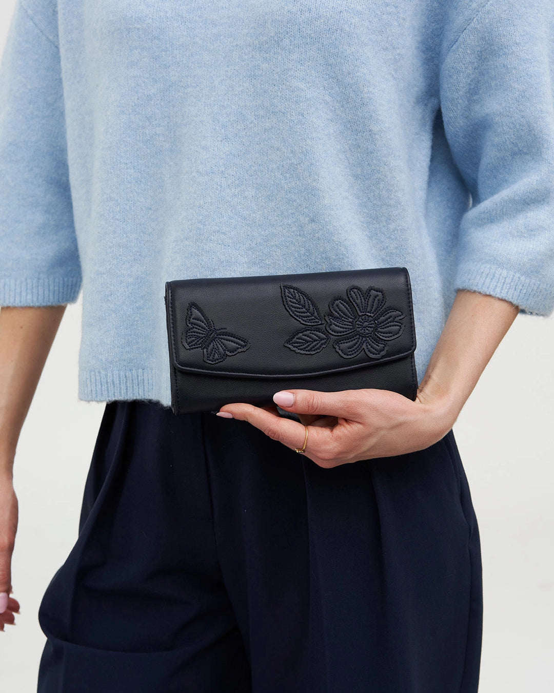 Floral Applique Long Wallet in Navy