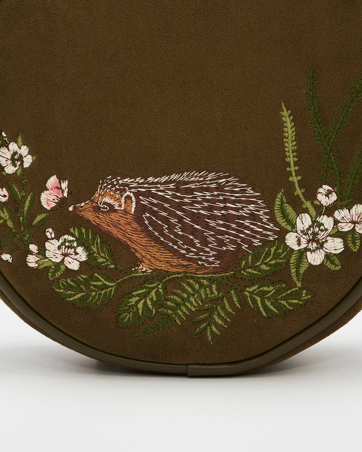 Chloe Hedgehog Embroidered Circle Bag in Khaki Suedette