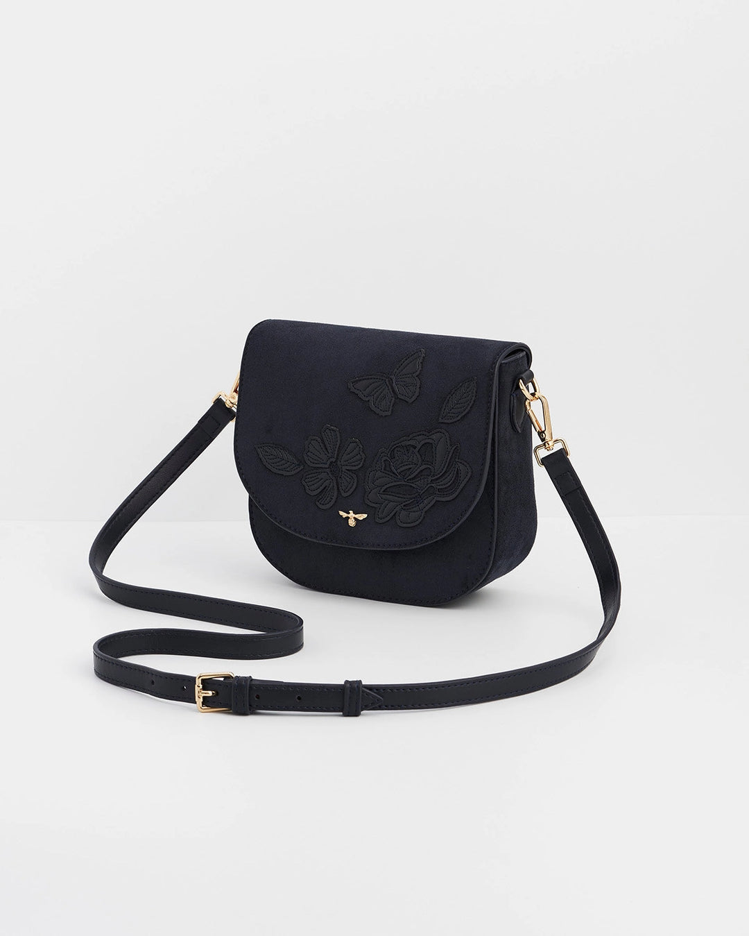 Beth Floral Applique Saddle Bag in Navy Suedette