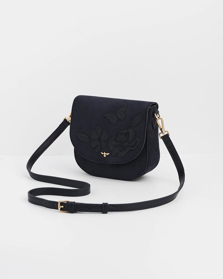 Beth Floral Applique Saddle Bag in Navy Suedette