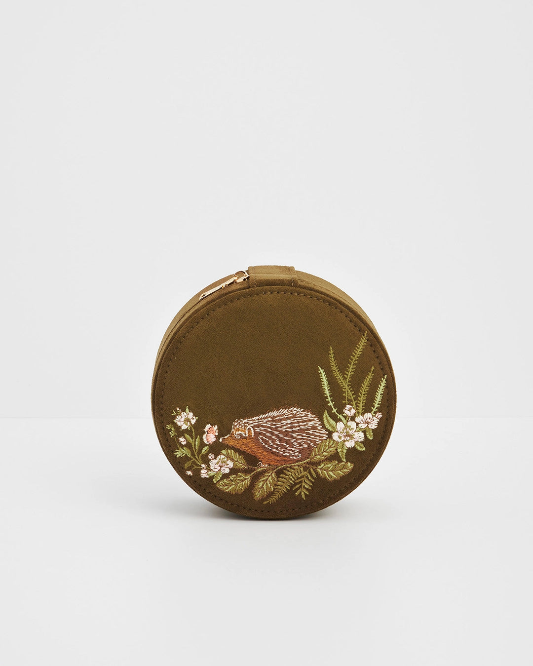 Hedgehog Embroidered Round Jewelry Box in Khaki Suedette