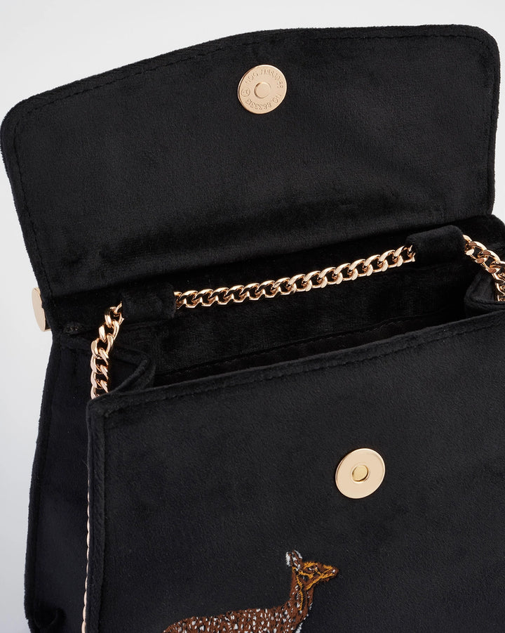 Fable Deer & Moon Embroidered Black Velvet Tote