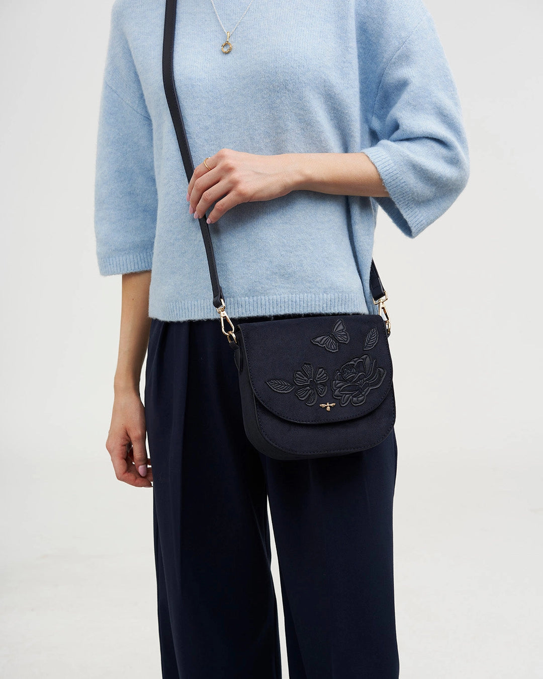 Beth Floral Applique Saddle Bag in Navy Suedette