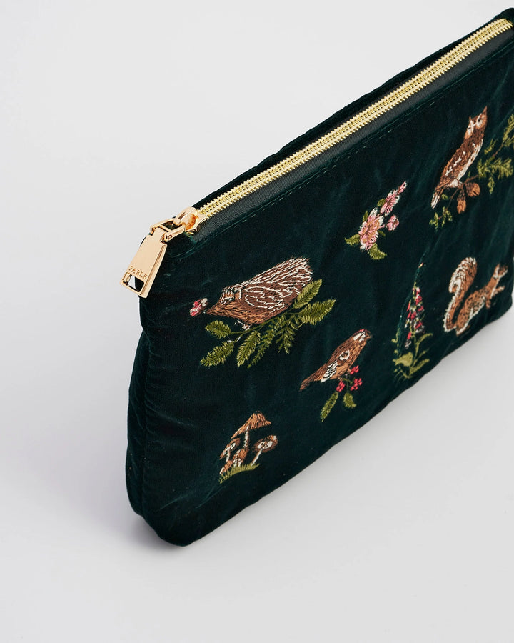 Meadow Scene Embroidered Medium Pouch in Forest Green Velvet