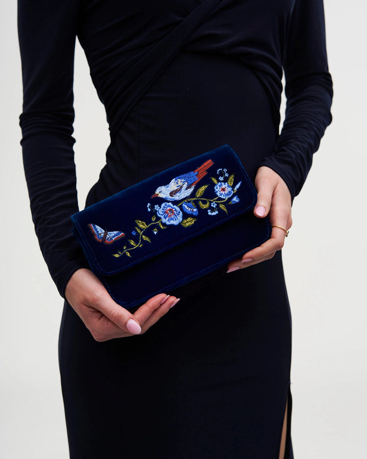 Sophia Nightingale Embroidered Clutch in Sapphire Velvet