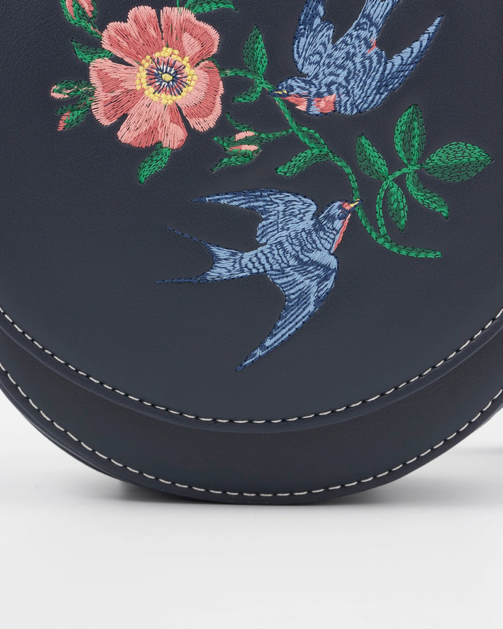 Fable Swooping Swallows Navy Mini Saddle Purse