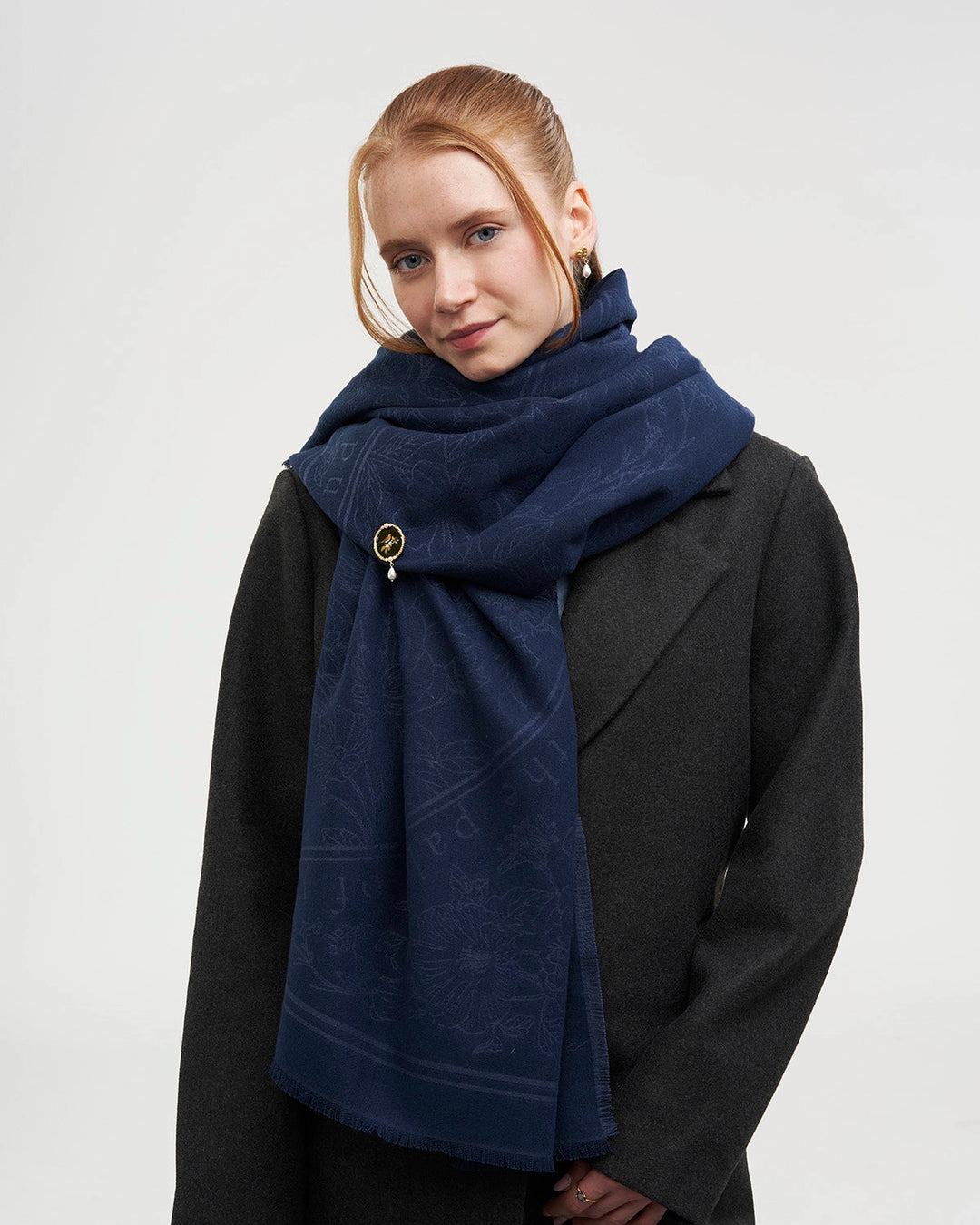 Selene Large Square Jacquard Scarf in Navy