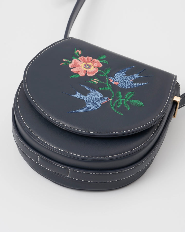 Fable Swooping Swallows Navy Mini Saddle Purse