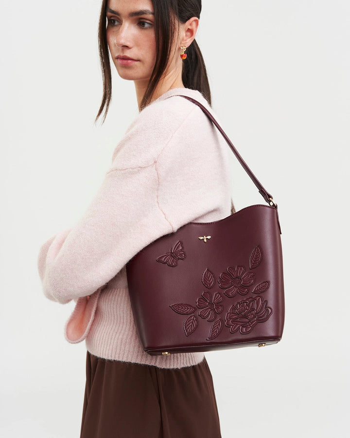 Floral Applique Margot Bucket Purse in Burgundy