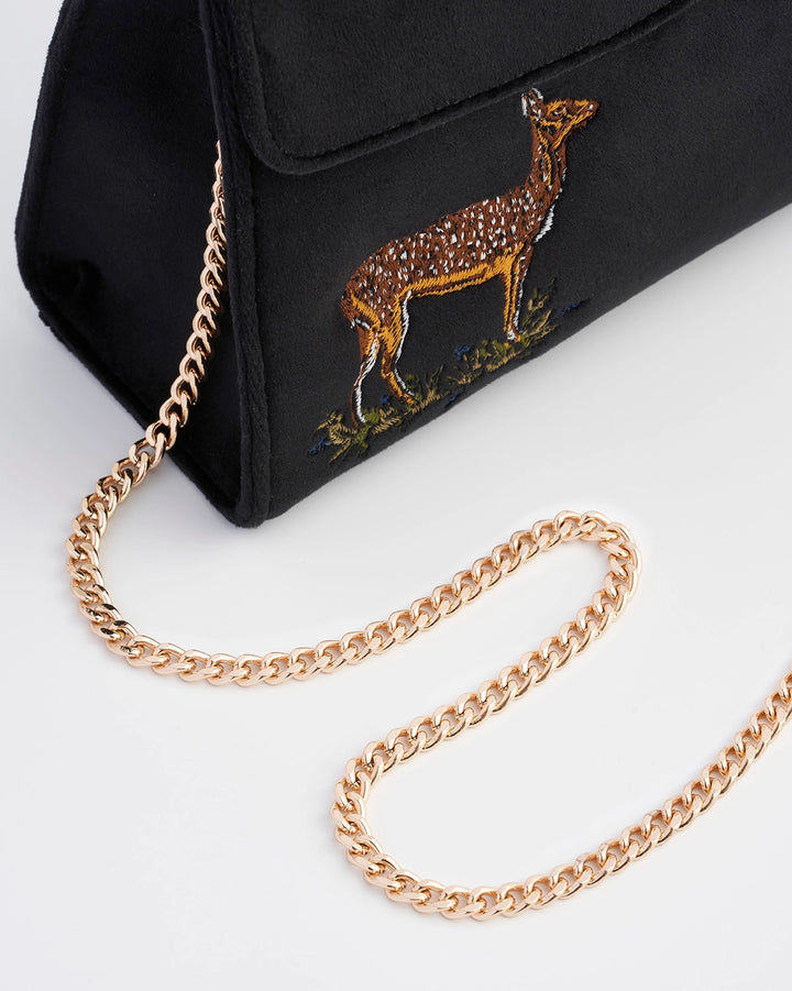 Fable Deer & Moon Embroidered Black Velvet Tote