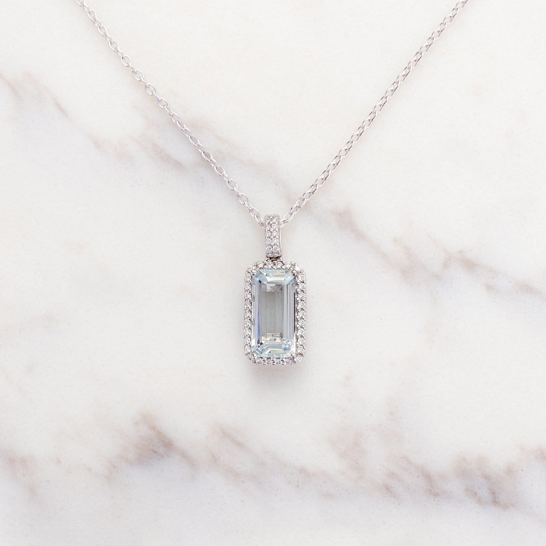Aquamarine and Diamond Halo Pendant Necklace