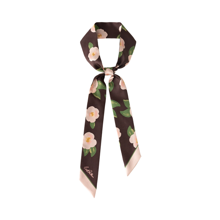 Camellia Silk Twill Skinny Scarf - Dark Brown