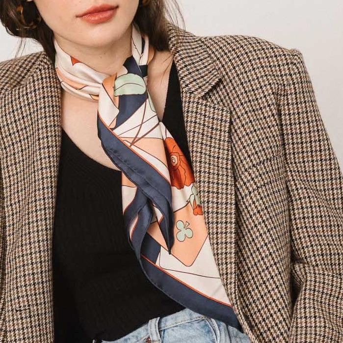 Camellia Silk Bandana Scarf - Dark Blue