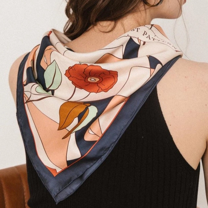 Camellia Silk Bandana Scarf - Dark Blue