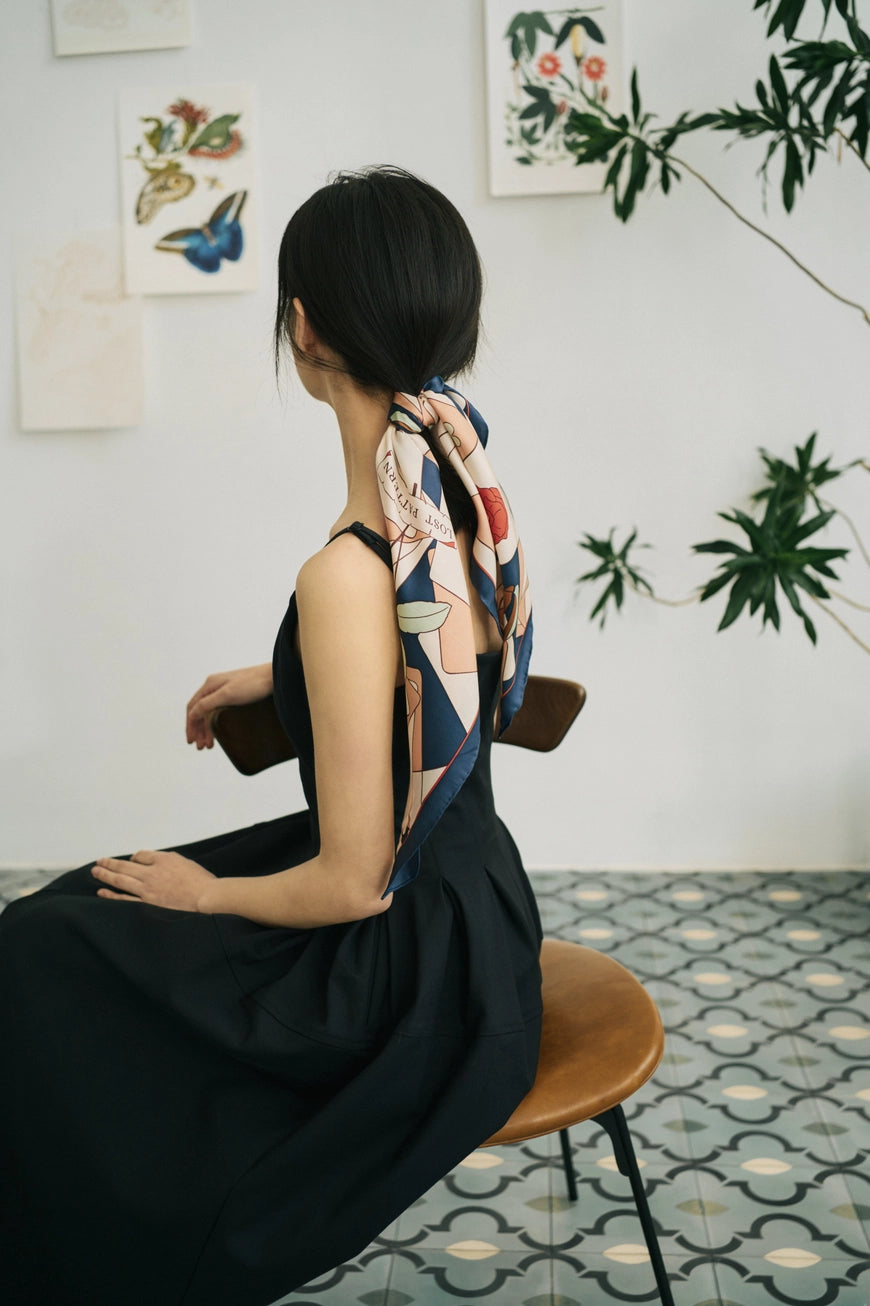 Camellia Silk Bandana Scarf - Dark Blue