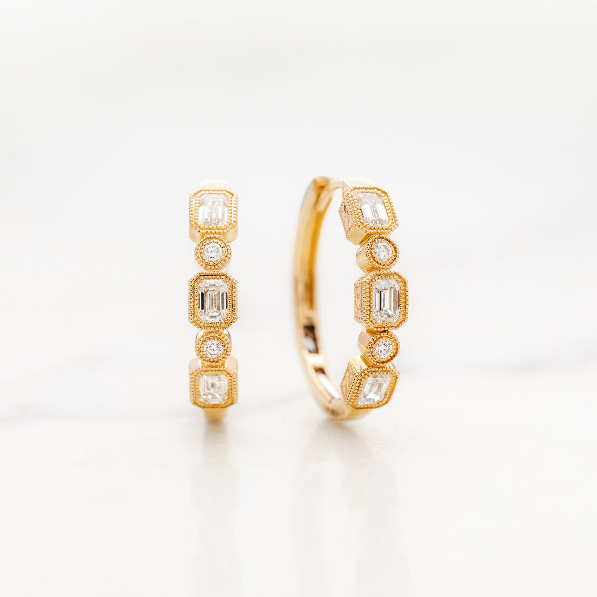 Emerald Cut and Round Diamond Hoops