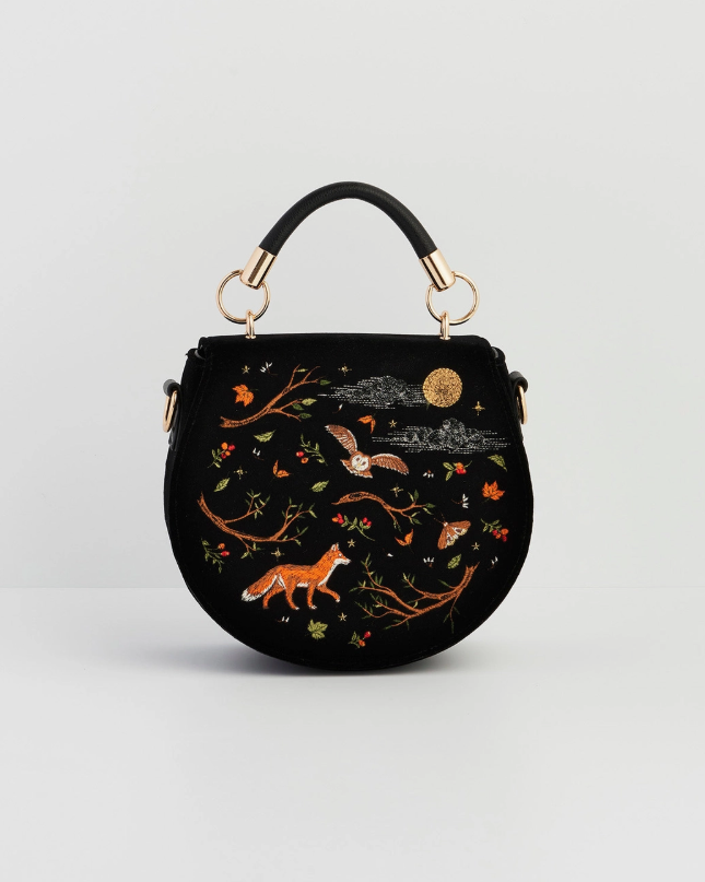 Fox & Owl Embroidered Black Top Handle Saddle Bag