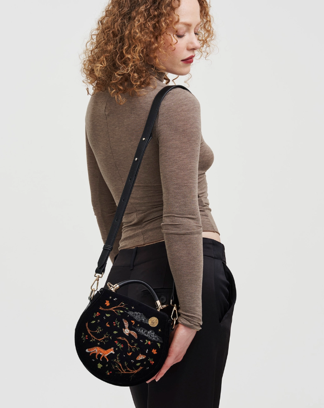 Fox & Owl Embroidered Black Top Handle Saddle Bag
