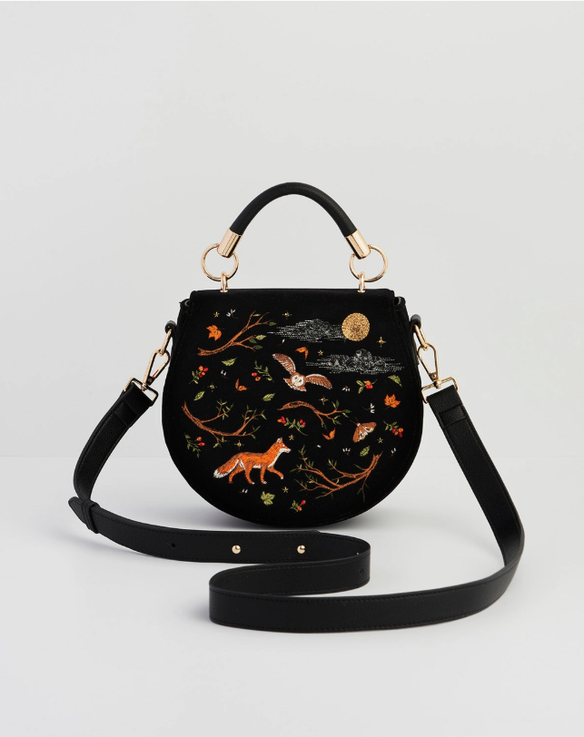 Fox & Owl Embroidered Black Top Handle Saddle Bag