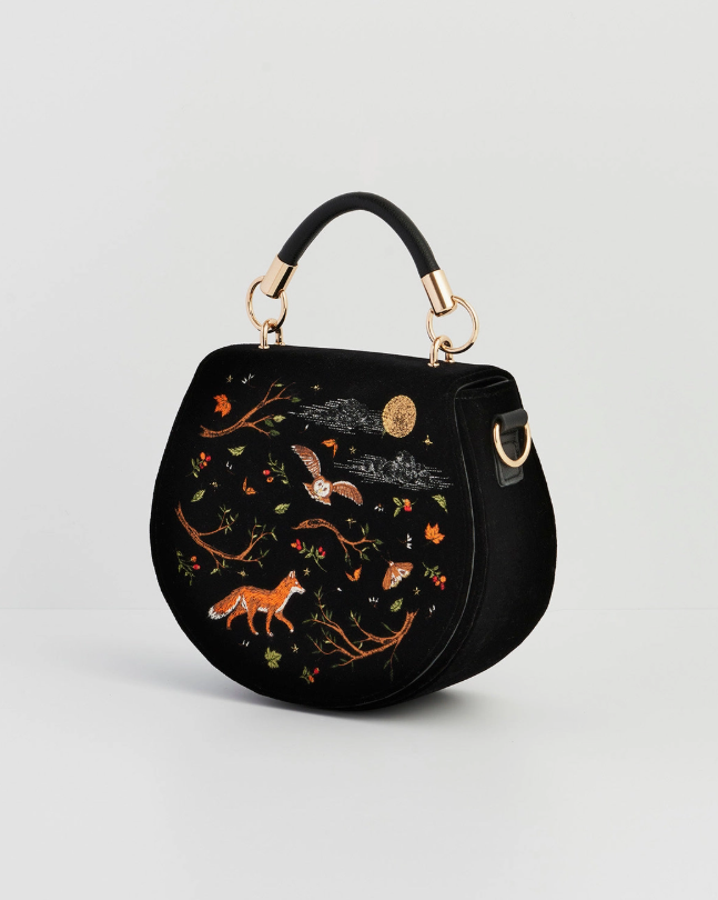 Fox & Owl Embroidered Black Top Handle Saddle Bag