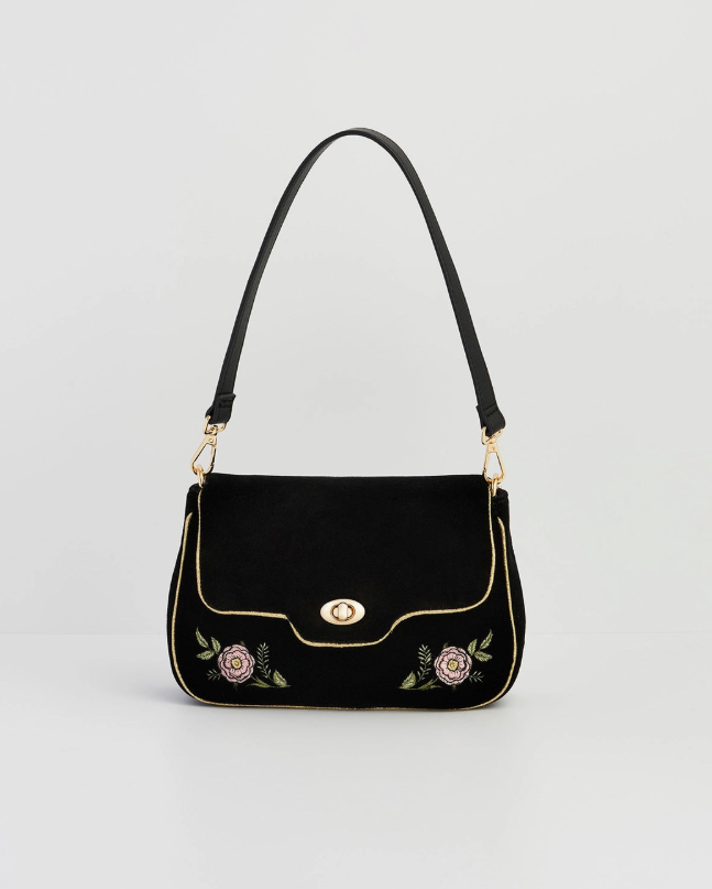 Fable Rose Embroidered Black Clutch