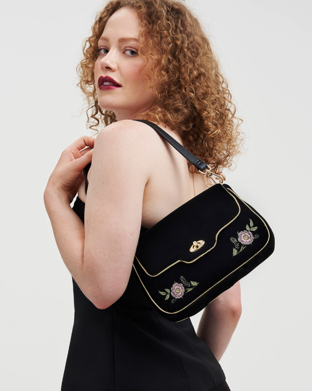 Fable Rose Embroidered Black Clutch