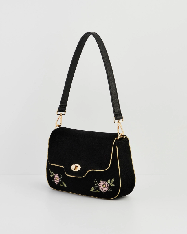 Fable Rose Embroidered Black Clutch