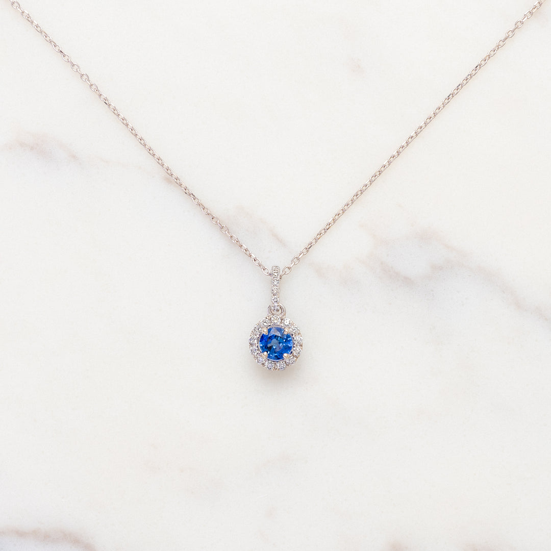 Round Blue Sapphire with Diamond Halo Necklace