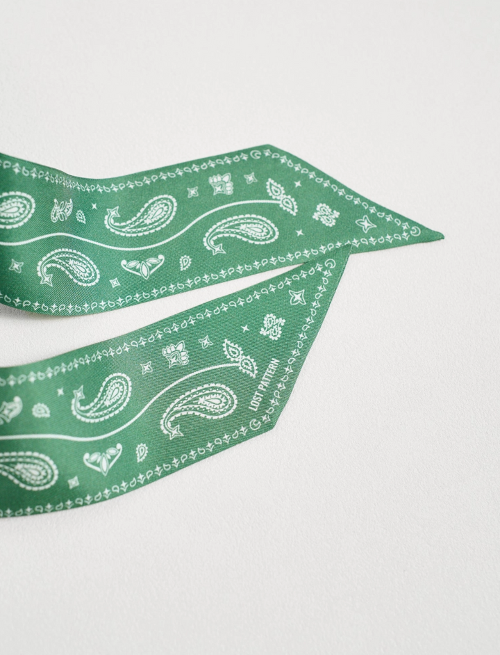 "Paisley" Silk Twill Skinny Scarf - Sagebrush Green