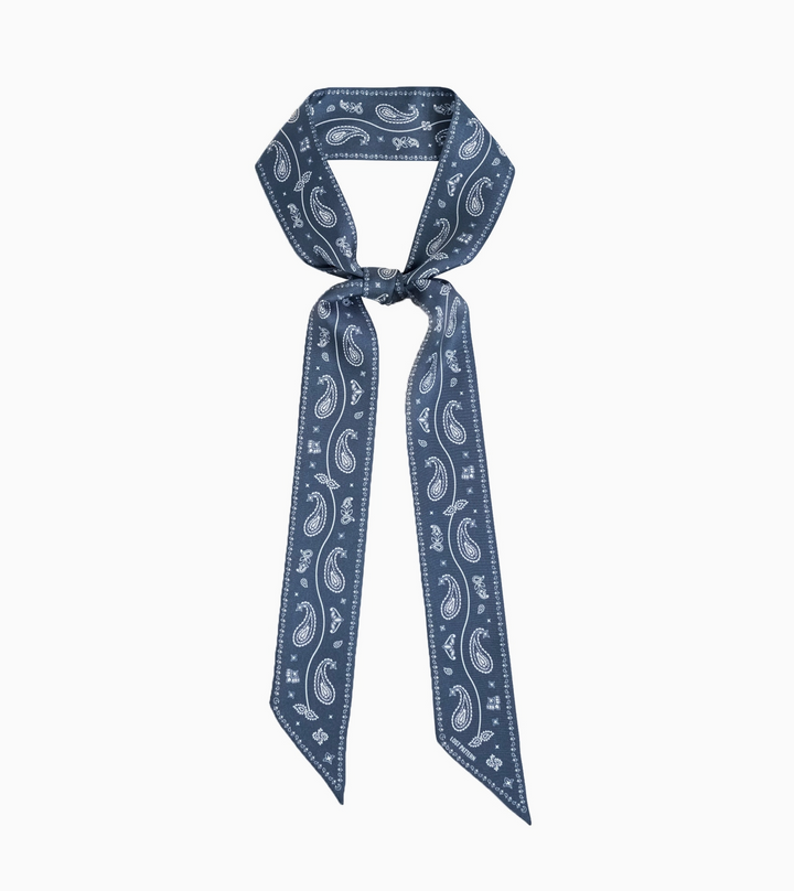 "Paisley" Silk Twill Skinny Scarf - Midnight Blue