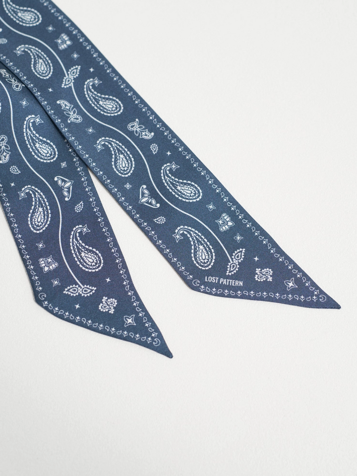 "Paisley" Silk Twill Skinny Scarf - Midnight Blue