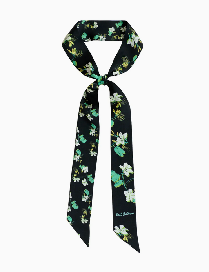 Beach Blossom Silk Skinny Scarf - Black