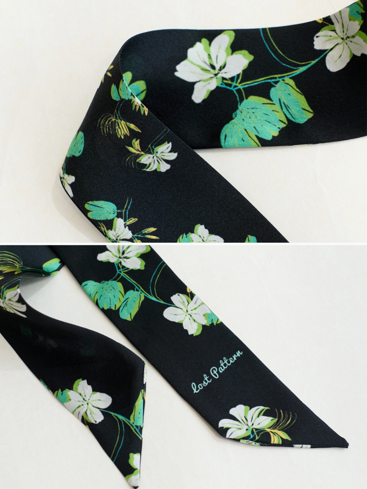 Beach Blossom Silk Skinny Scarf - Black