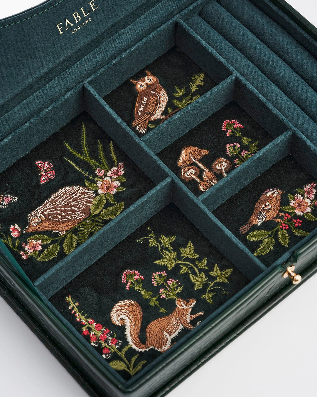 Meadow Scene Embroidered Large Jewelry Box in Forest Green
