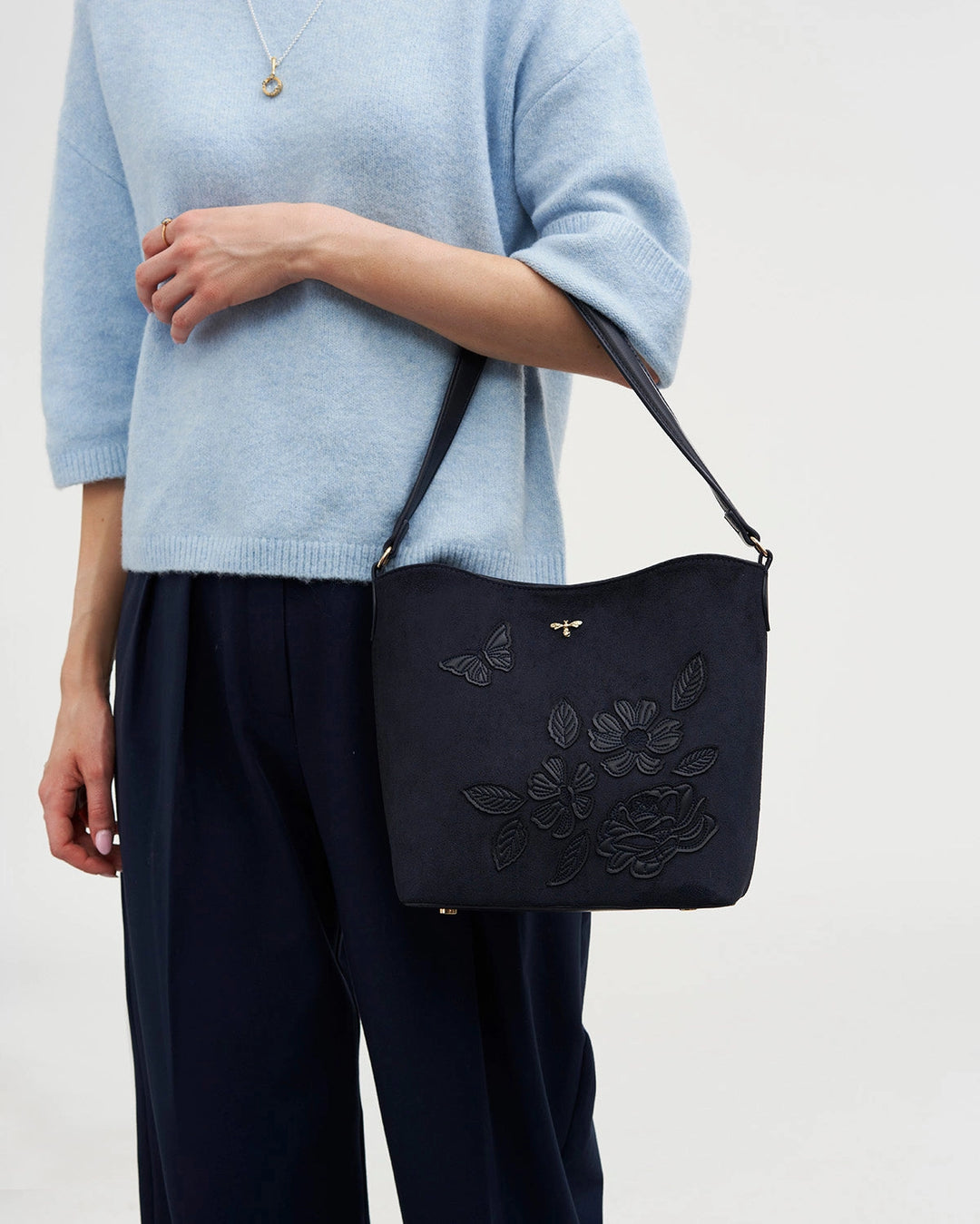 Margot Floral Applique Bucket Purse in Navy Suede